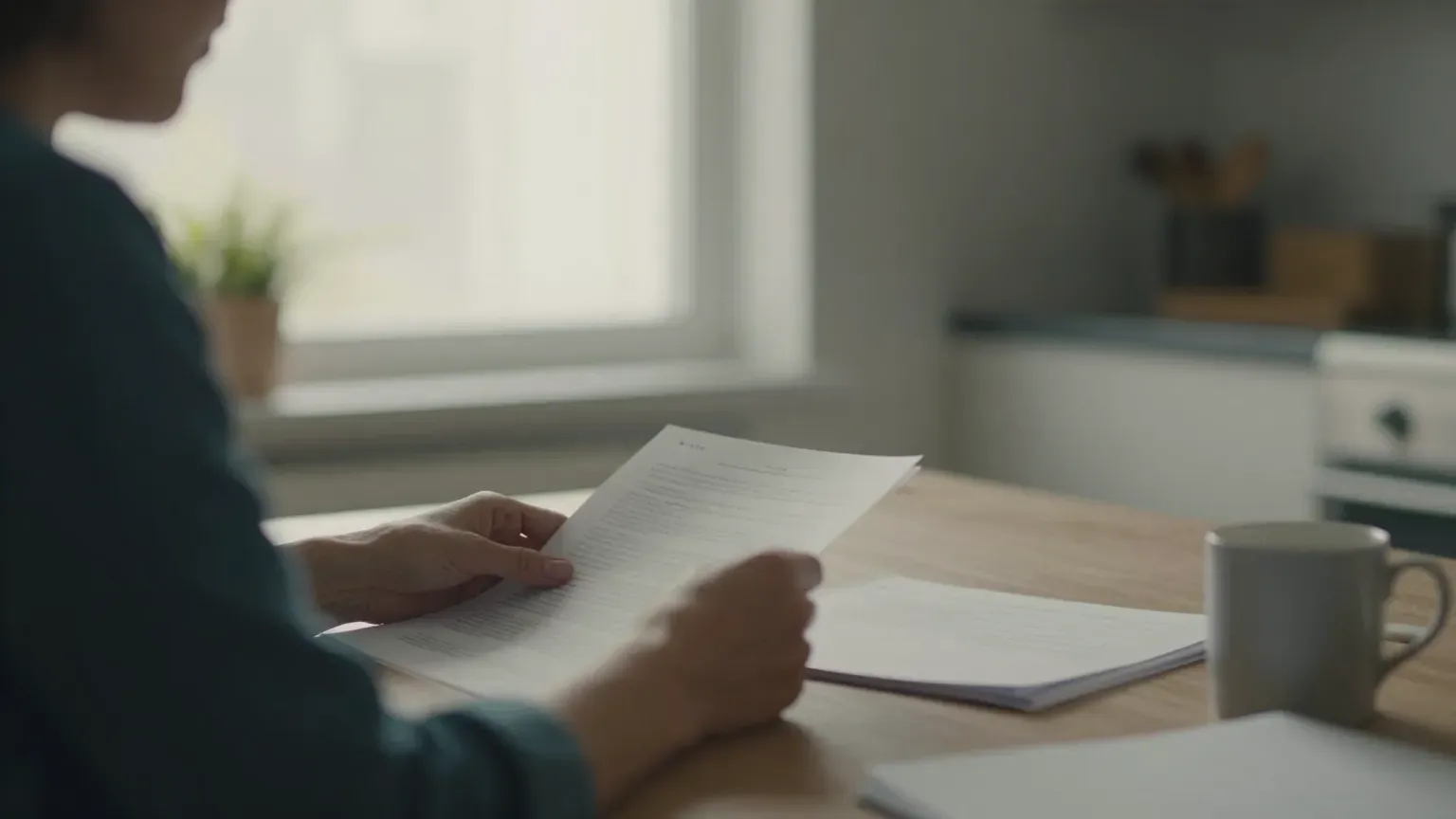 A person at a kitchen table reading through insurance paperwork